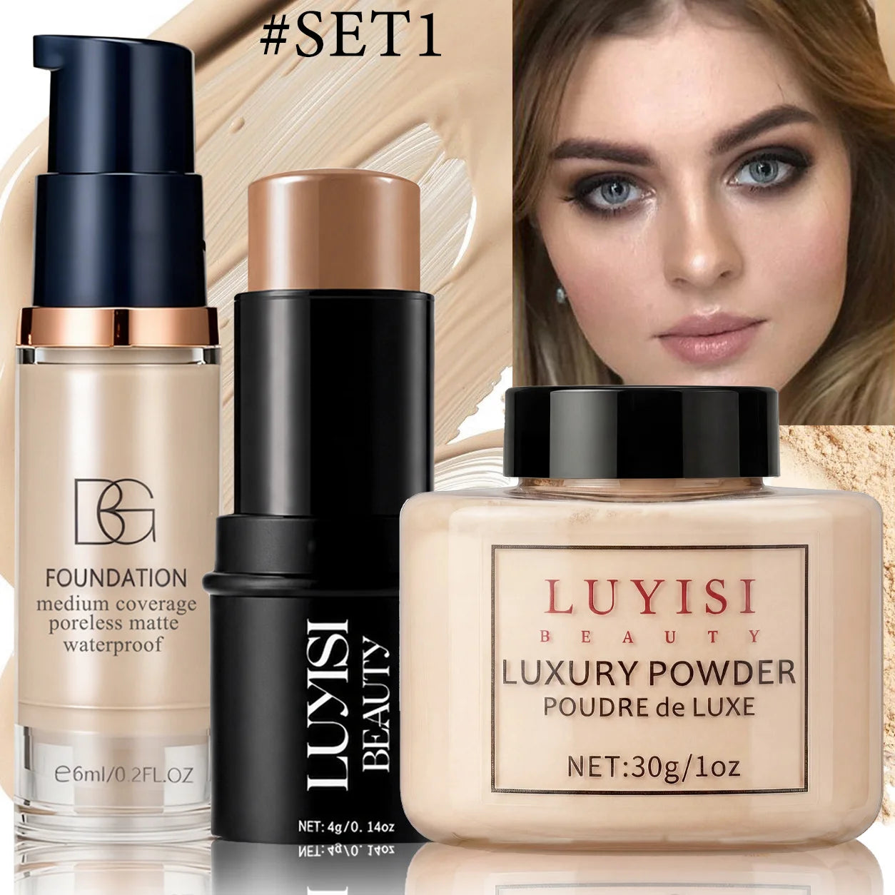 Facial Makeup Set:1PC Foundation+1PC Contouring Stick+1PC Setting Powder,Full Coverage,Waterproof And Sweatproof,Soft Cosmetics.
