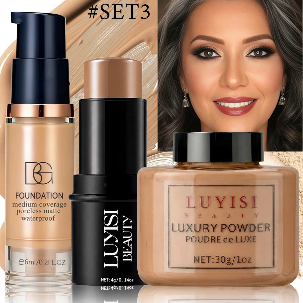Facial Makeup Set:1PC Foundation+1PC Contouring Stick+1PC Setting Powder,Full Coverage,Waterproof And Sweatproof,Soft Cosmetics.