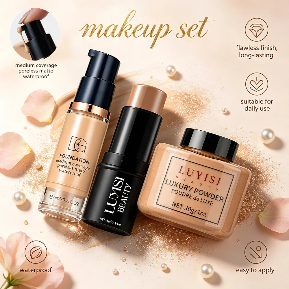 Facial Makeup Set:1PC Foundation+1PC Contouring Stick+1PC Setting Powder,Full Coverage,Waterproof And Sweatproof,Soft Cosmetics.
