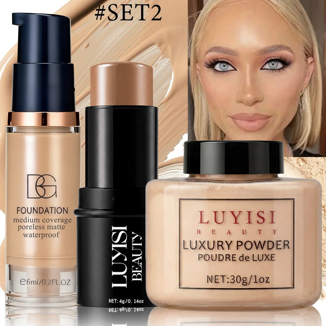 Facial Makeup Set:1PC Foundation+1PC Contouring Stick+1PC Setting Powder,Full Coverage,Waterproof And Sweatproof,Soft Cosmetics.