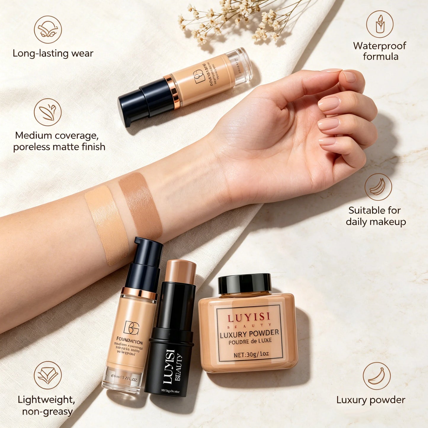 Facial Makeup Set:1PC Foundation+1PC Contouring Stick+1PC Setting Powder,Full Coverage,Waterproof And Sweatproof,Soft Cosmetics.